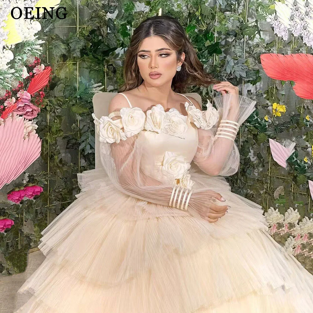 

OEING 3D Flowers Tulle Long Sleeves Evening Dresses Elegant Spaghetti Strap Off The Shoulder Prom Dress Boning Fairy Gowns