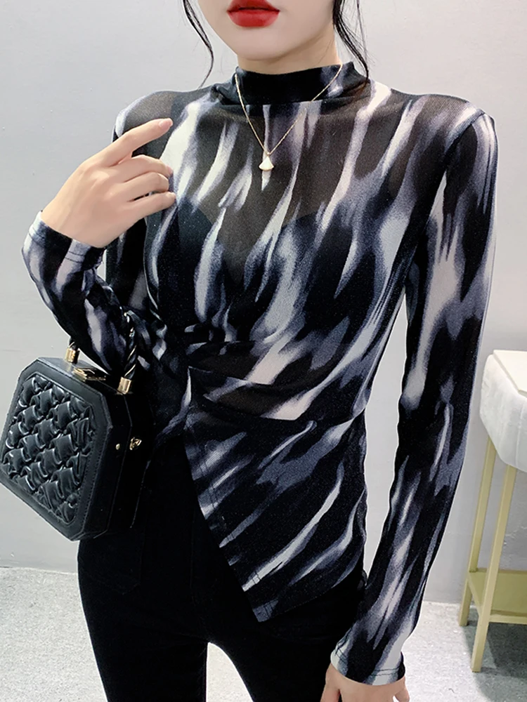 

Элегантная Базовая футболка Winsleter, футболки с длинным рукавом, женские сексуальные полуводолазки с разрезом, тонкие сетчатые топы, новинка, Осень-зима T38049JC