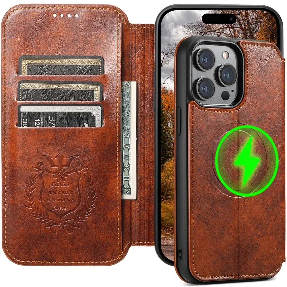 Magnetic Leather Wallet Phone Case with Wireless Charging & Kickstand
