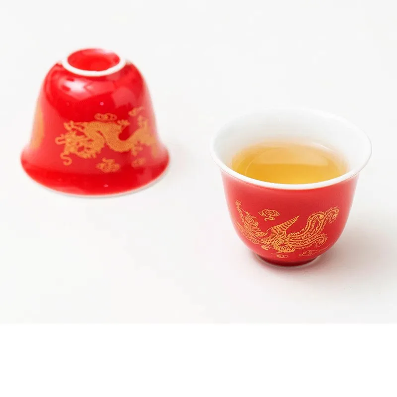 Chinese Wedding Tea Ceremony Set - Red Porcelain Tea Cups with Gift Box, Bride & Groom 'Gai Kou' Tea Set, Complete Marriage Dowr
