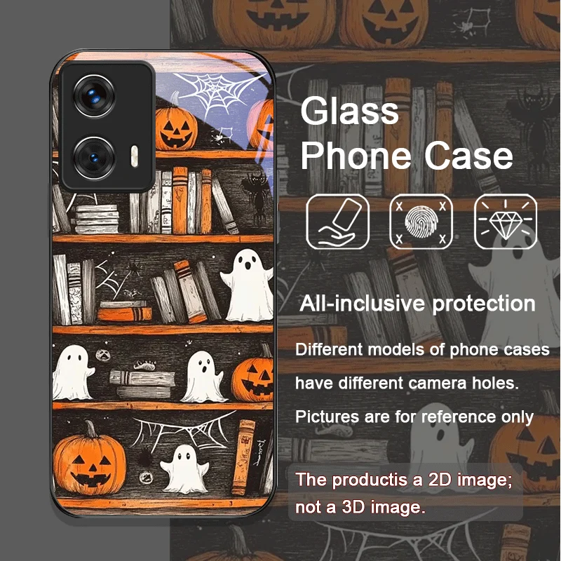 Tempered Glass Halloween Pumpkin Ghost Bookshelf Phone Case Cover