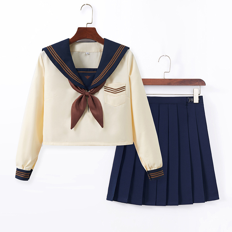 Embroidery New Blue Three-book JK Uniform Sailor Uniform College Style Long-sleeved College Style Pleated Skirt Suit