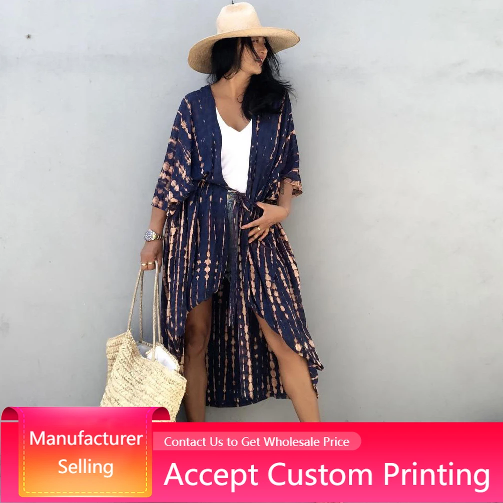 Beach Over Blouse Summer 2022 Bikini Cover-ups 100% Cotton Long Dress Retro Striped Beach Wear Self Belted Swim Suit Cover Up