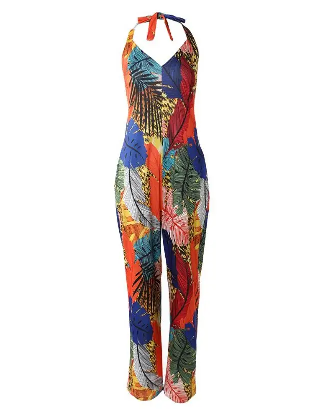 Fashion Summer Casual 2024 New Versatile Commuting Jumpsuit Elegant Women's Tropical Print Halter Backless Wide Leg Jumpsuit ﻿