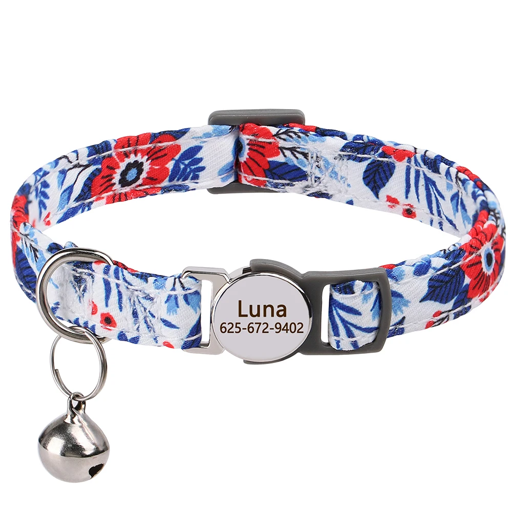 Personalized Puppy Cat Collar Flower Printed Cat Safety Collars Adjustable Kitten Necklace With Free Engraved ID Nameplate Bell 3