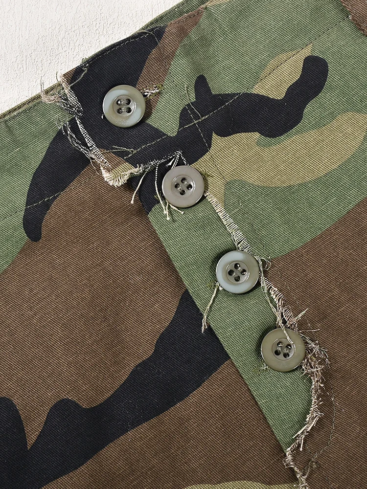 A-line Burr Edge Split High Waist Camouflage Mini Skirt