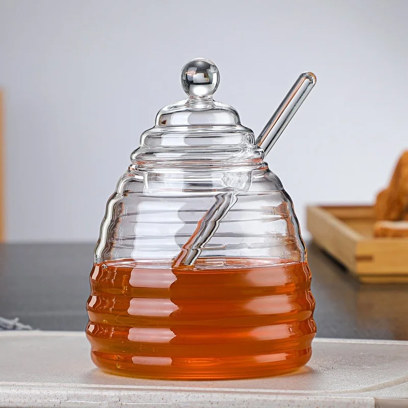 Household Transparent Glass Honey Jar with Lid Glass Stirring Stick Honey Bottle Creative Glass Transparent Jar Glass Container 4