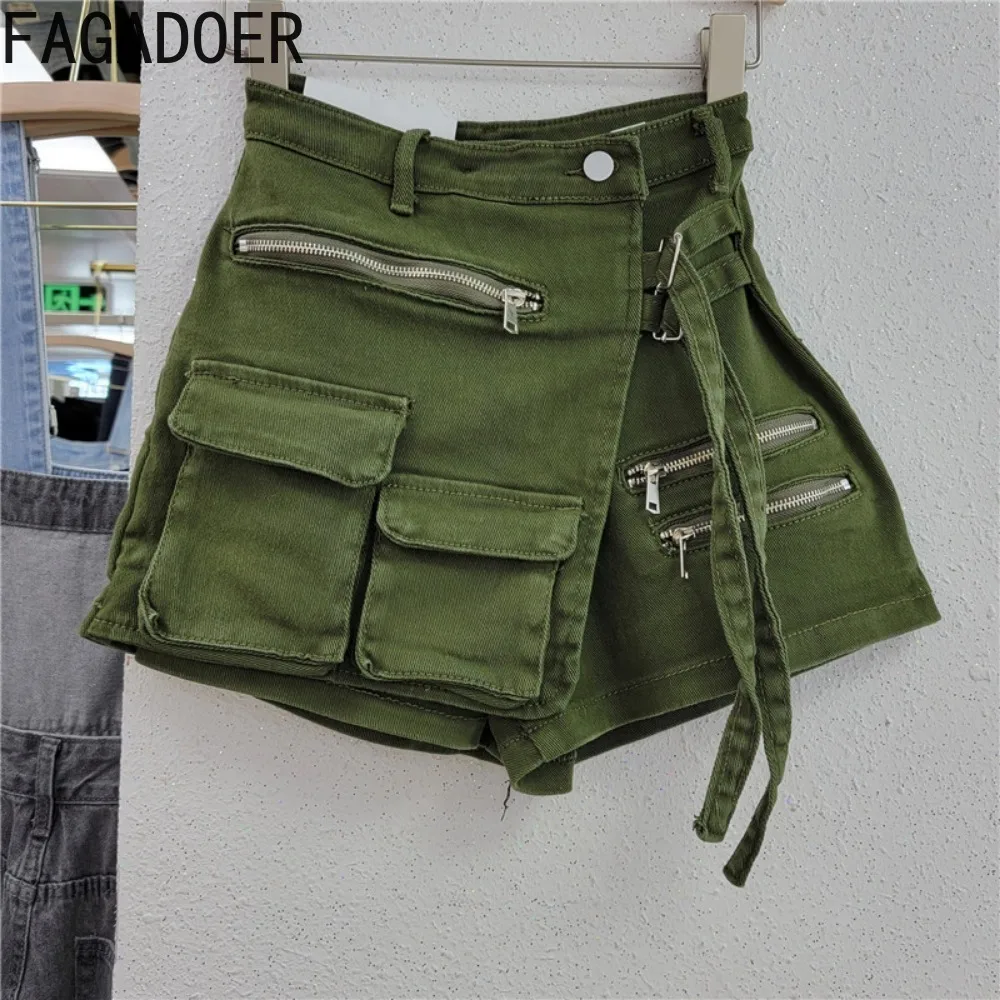 FAGADOER Summer Irregular Pocket Cargo Denim Shorts Women High Waisted Button Zipper Jean Casual Female Matching Cowboy Bottoms