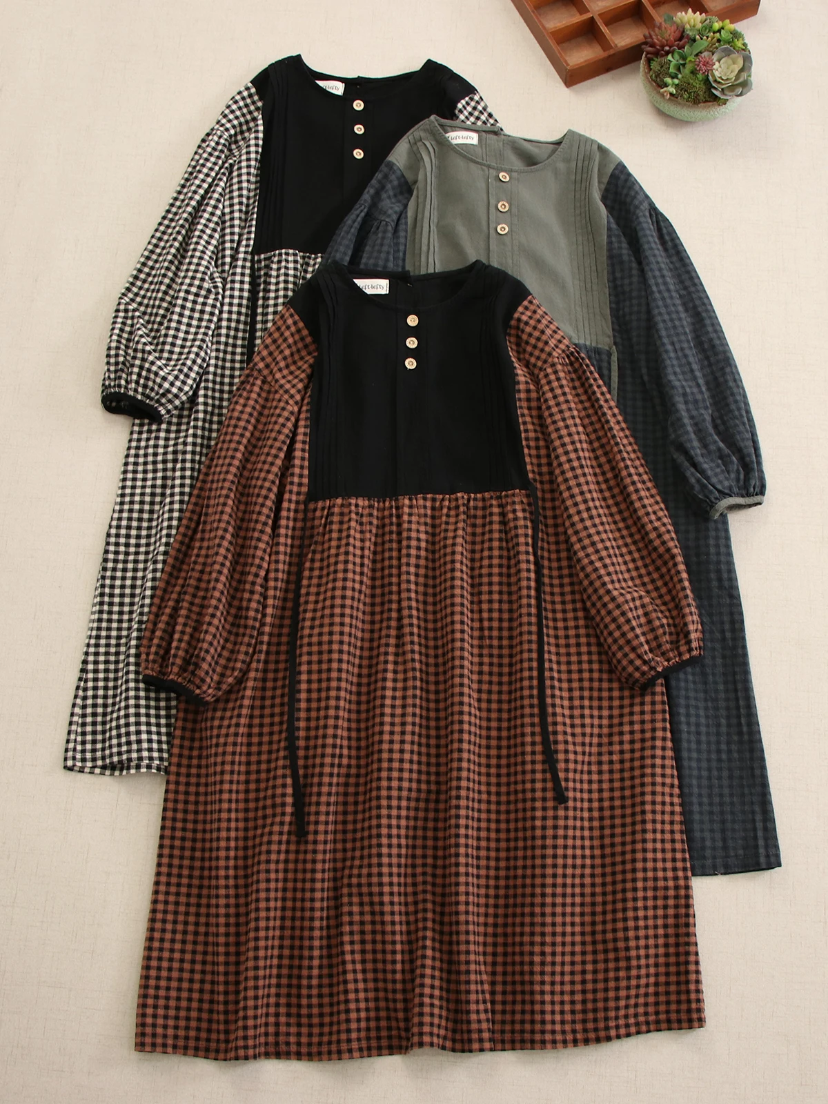 

Spring Autumn Plaid Dress Women Round Neck Casual Midi Dress Z2182