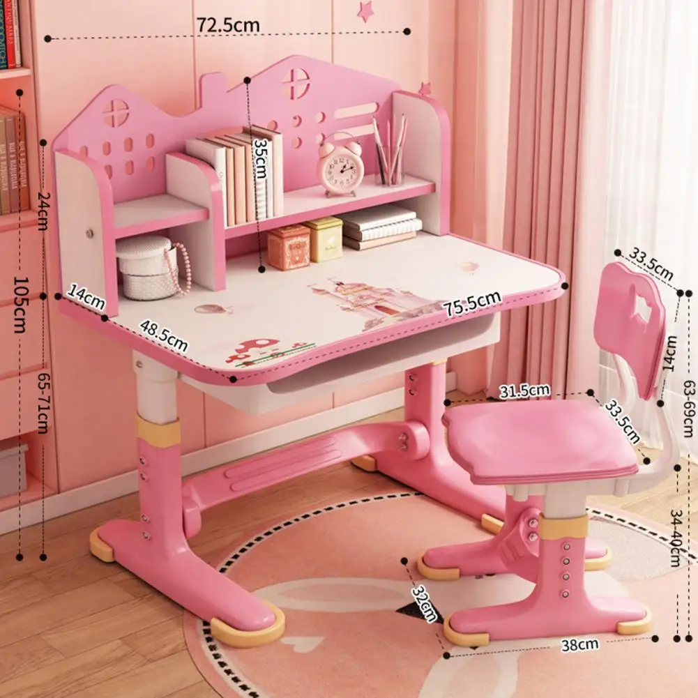 Height Adjustable Kids Functional Desk Chair Set, Children School Study Desk With Castle Backboard, Widened Desktop, (Pink) 6