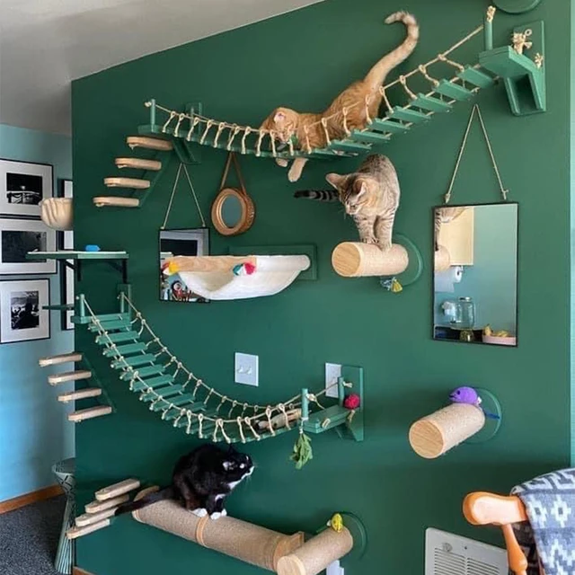 Cat Tree Wall Mounted Climbing Shelves Wooden Hammock with Ladder and Cat Bridge for Cat Perch Sleeping Pet Indoor Playground Cat Tree Wall Mounted Climbing Shelves Wooden Hammock with Ladder and Cat Bridge for Cat Perch Sleeping Pet Indoor Playground