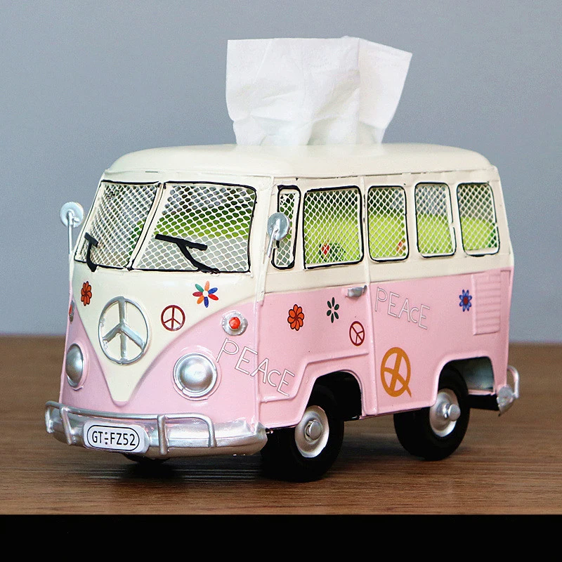 Bus Tissue Box Model Figurines Retro Car Tissue Dustproof Tissue Storage Box For Office Home Decoration Paper For Storage 6