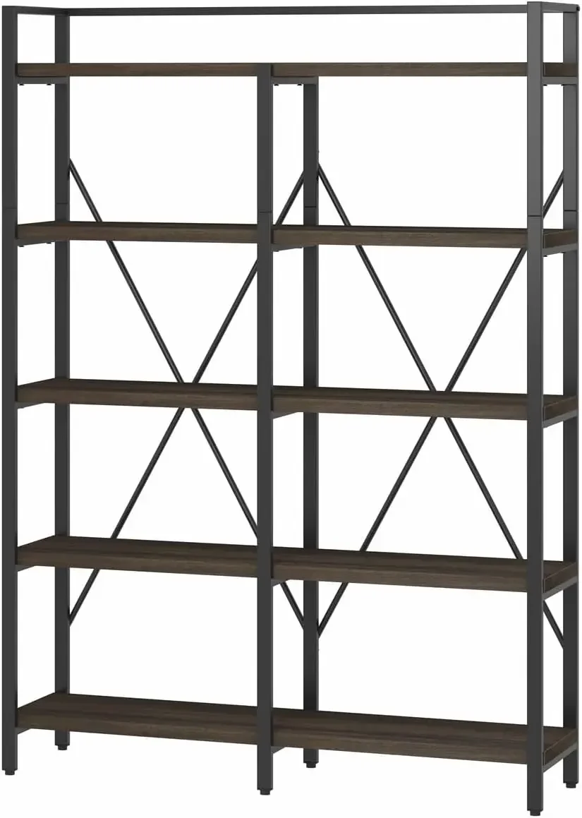 

Bookshelf, Industrial 5 Tier, Rustic Wood and Metal Bookcase, Tall Etagere Book Shelf with Large Open Shelving Unit