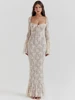 Mozision Lace Print Long Flare Sleeve Sexy Maxi Dress For Women Fashion Square Collar Backless Bodycon Club Party Sexy Dress 5