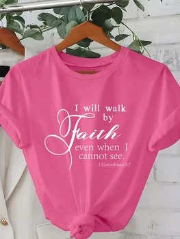 Walk By Faith Women's Tee - Bible Verse Graphic Pink Casual Top 1