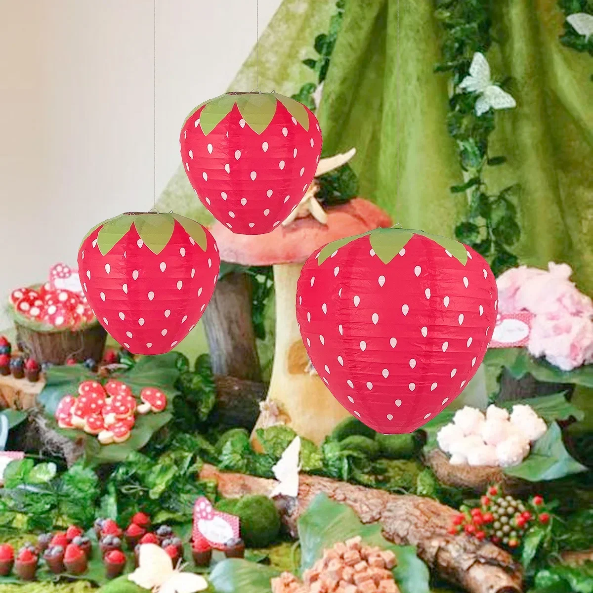 3Pcs/Set  Sweet 3D Strawberry Paper Lanterns Garden Hanging Ornament Background for Birthday Baby Shower Party Favors Decoration