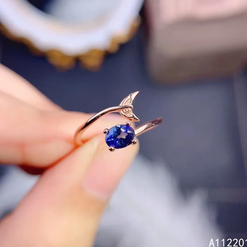 

Fine Jewelry 925 Sterling Silver Inlaid With Natural Gemstone Luxury Elegant Fish Sapphire Women's OL Style Open Ring Support De