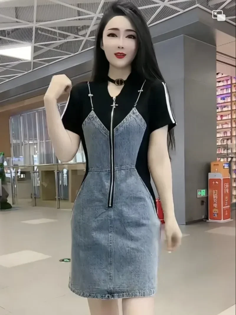 Women Two Piece Denim Patchwork Dress Short Sleeve - Image 2