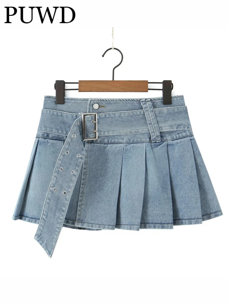 

PUWD Casual Women With Belt Blue Pleated Denim Mini Skirts 2023 Summer Fashion Ladies Vintage Solid Color Female Bottoms Chic