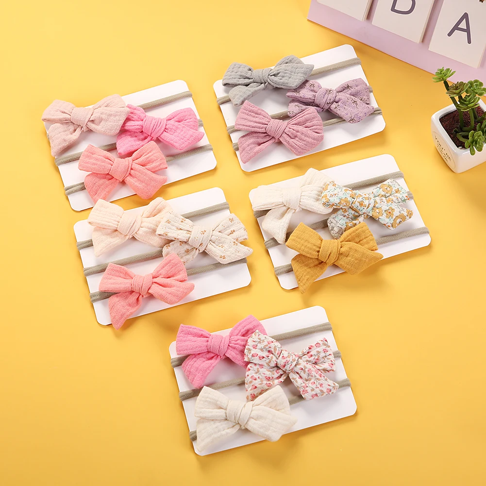 3Pcs/Set Muslin Cotton Baby Girl Headband Cute Hair Bow Tie Elastic Band Sunflower Rainbow Print Headwraps Korea Infant Headwear 3pcs set cute hair pins for girl 3 12 years old star clips heart shape hairpins alloy pentagram triangle water droplet rectangle