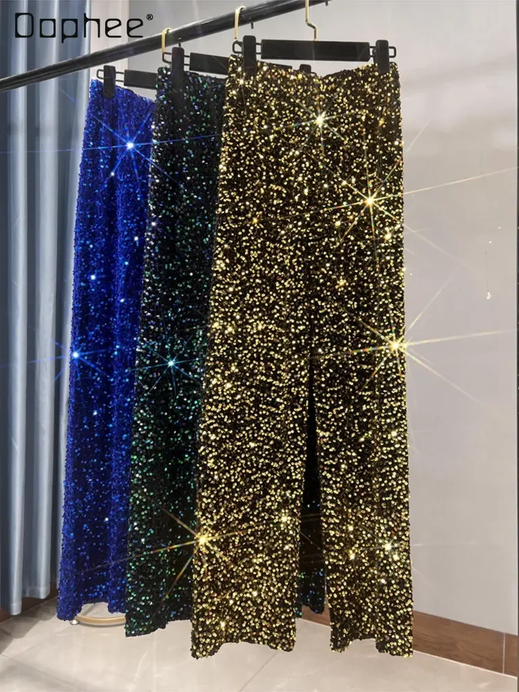 

Autumn and Winter New Punk Velvet Sequins Wide-Leg Pants Casual Lengthened Drooping Shiny Thickened Straight Trousers Female