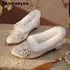 34-41 Women Embroidery Shoes Winter High Heels Pumps Ladies Plush Platform Old Beijing Cloth Shoe Chinese Style Warm Footwear Y2