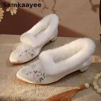 34-41 Women Embroidery Shoes Winter High Heels Pumps Ladies Plush Platform Old Beijing Cloth Shoe Chinese Style Warm Footwear Y2