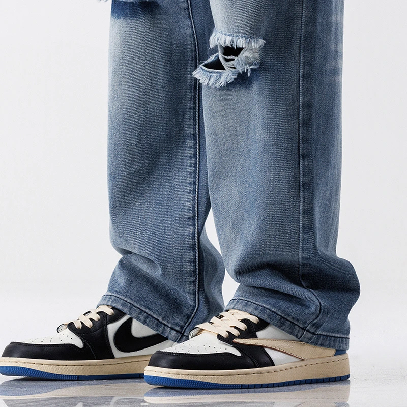 Men Fashion Vintage Jeans Streetwear Ripped Loose Hip Hop Hole Trousers Casual Straight Wide Denim Pants