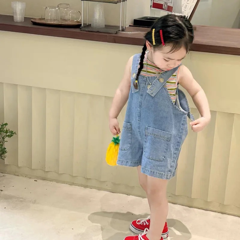 Kids Outfits 1-7T Cute Baby Denim Jumpsuit Boy Girl Sleeveless Bunny Tail Suspender Pant Pocket Romper Outfits Adjustable Jeans Kids Overalls