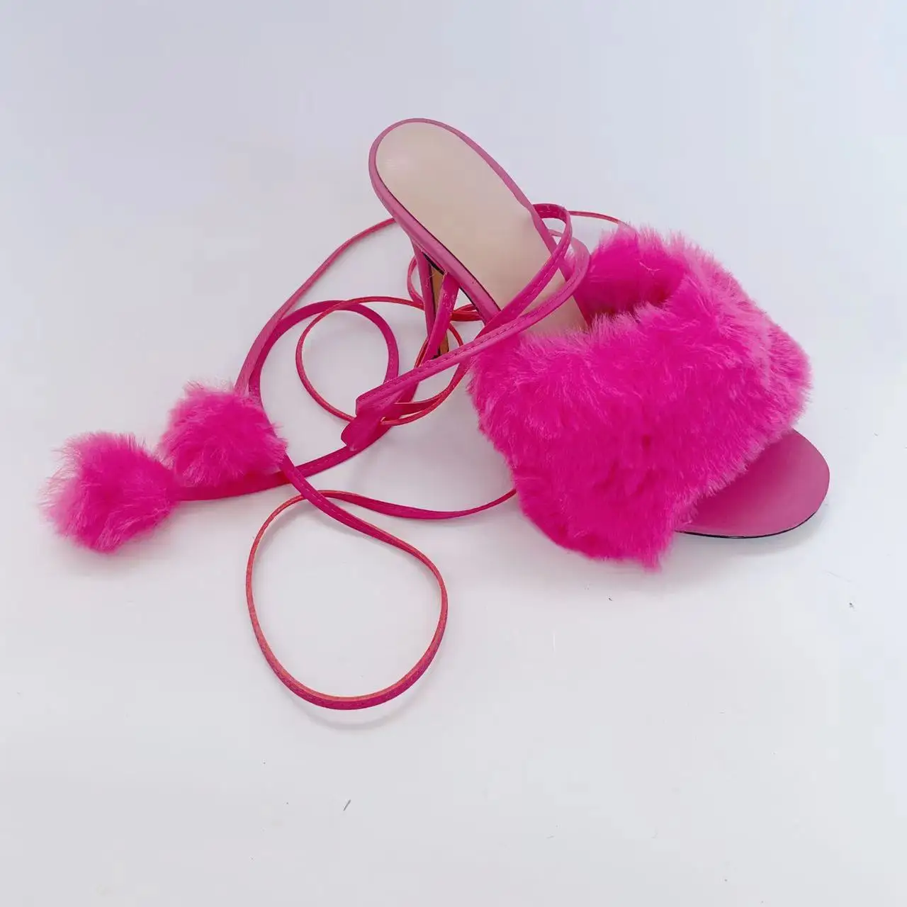 

Plush Sandals with Straps Balls High Heels Slippers Women Rose Red Stiletto Heel Lady Luxury Brand Shoes Wedding Elegant Catwalk