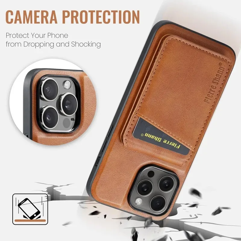 Magnetic Detachable Leather Wallet Phone Stand with Wireless Charging Compatibility