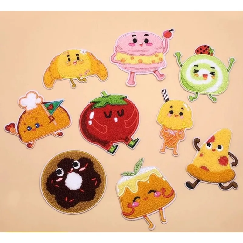 

2024 Hot Towel Embroidery Patches DIY Macarone Pizza Donuts Pudding Stickers Self-Adhesive Badge Clothing Bag Fabric Accessories