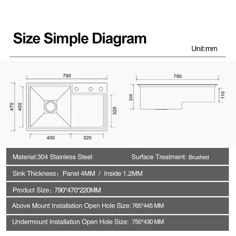 ASRAS Handmade Brushed Stepped Kitchen Sinks 304 Stainless Steel Large Size 4mm Thickness 220mm Depth Stepped Kitchen Sink