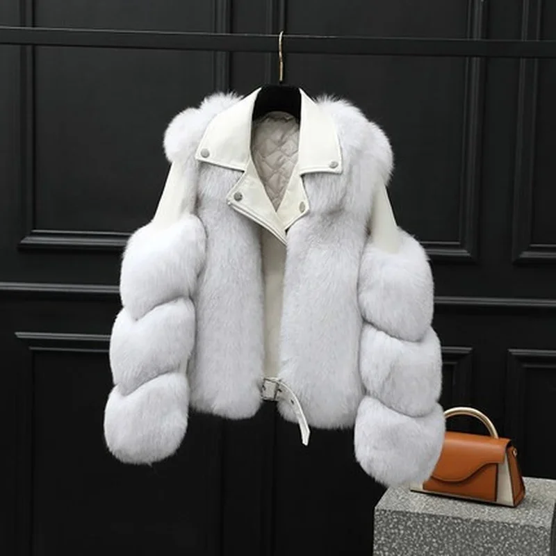 Fashionable warm short fox fur coat and sheepskin leather full fox fur motorcycle jacket luxury women's 2024 winter new