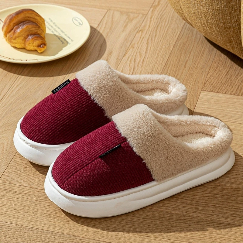 Thick Bottom Fluffy Slippers for Women Corduroy Thick Plush Warm Cotton Slippers Woman Indoor Light Non Slip Home Slides Female