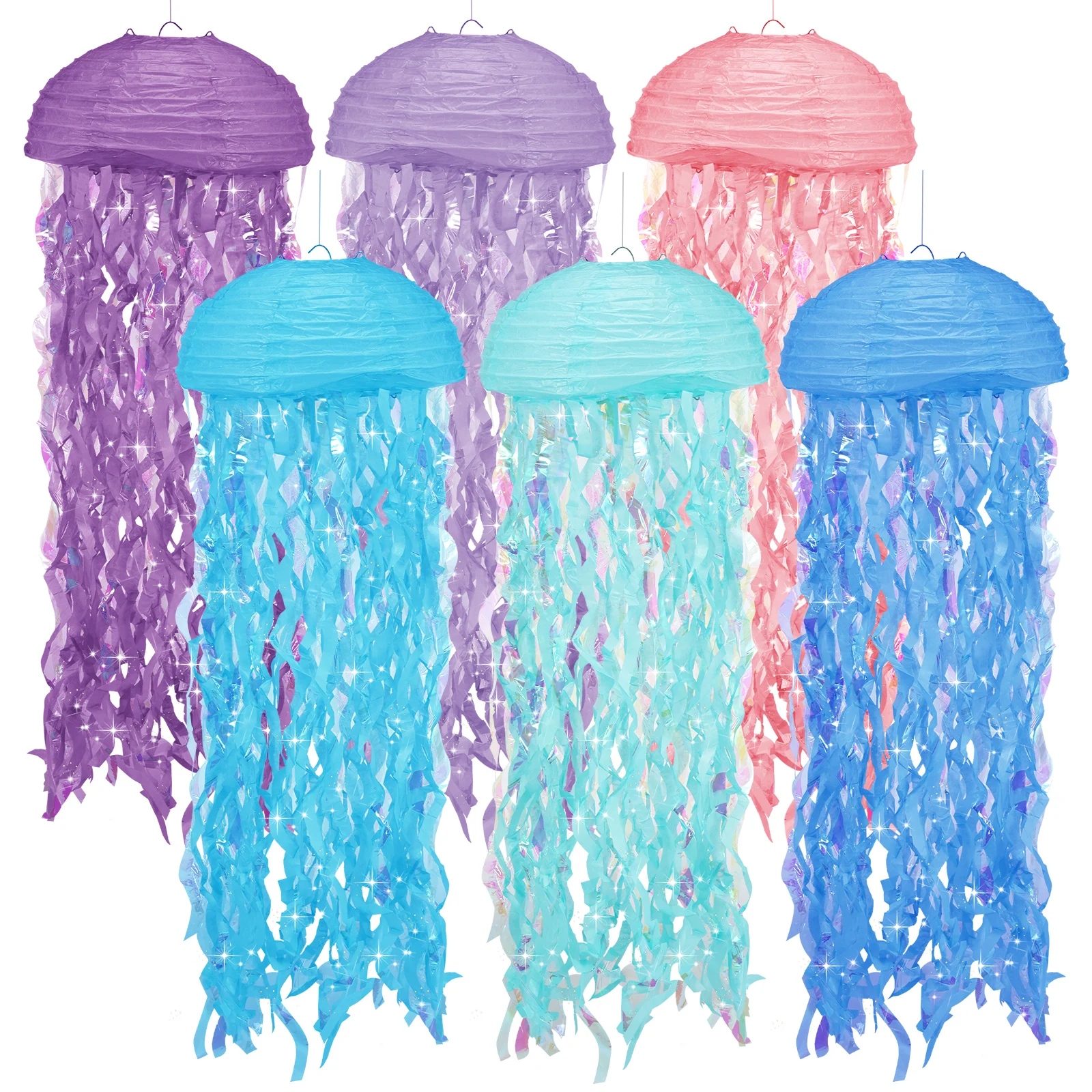 6Pc Jellyfish Paper Lantern Set Gradient Colorful Jellyfish Hanging Lantern Decorative Blue Purple Pink Mermaid Theme Paper Lamp