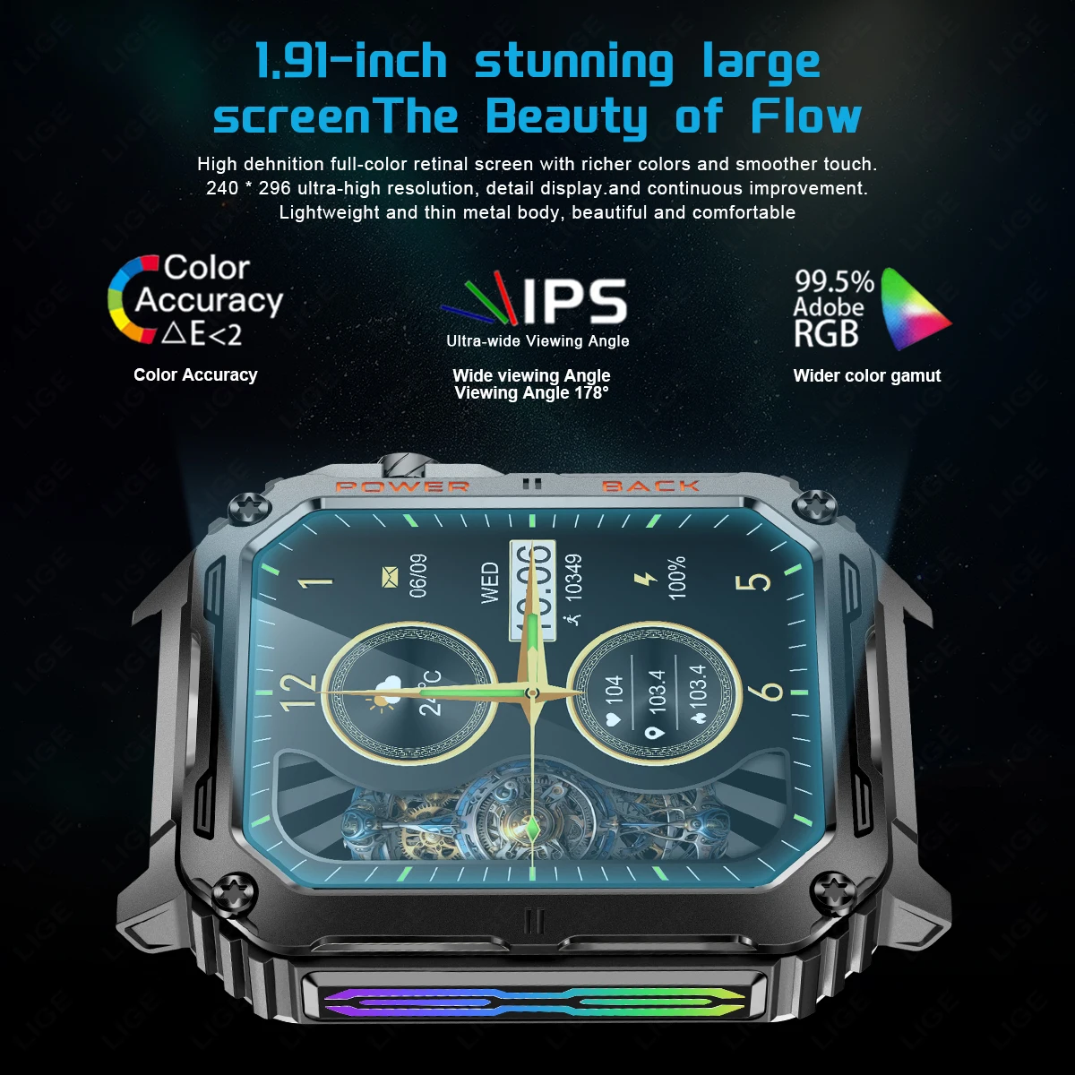LIGE 2024 ߿ GPS  Ʈ ġ, 1.91 ġ HD ũ ɹڼ ð, IP68   Ʈ ġ,  