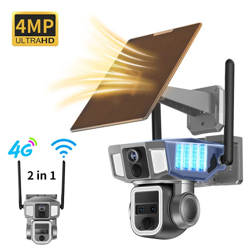4G &amp;amp;#038; WIFI 2IN1 Security IP Camera 3K Dual Lens 6MP Outdoor 10X Zoom Monitor SIM Card PTZ Solar Camera with 12000MAH Battery