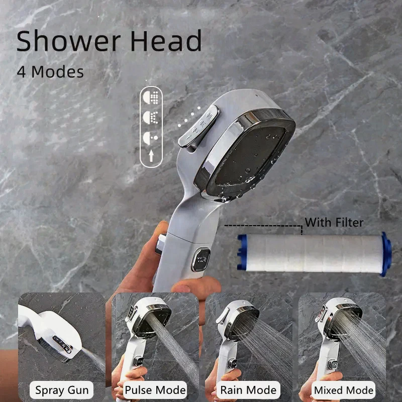 

3+1 Modes High Pressure Shower Head With Switch On Off Button Sprayer Water Saving Adjustable Shower Nozzle Filter For Bathroom