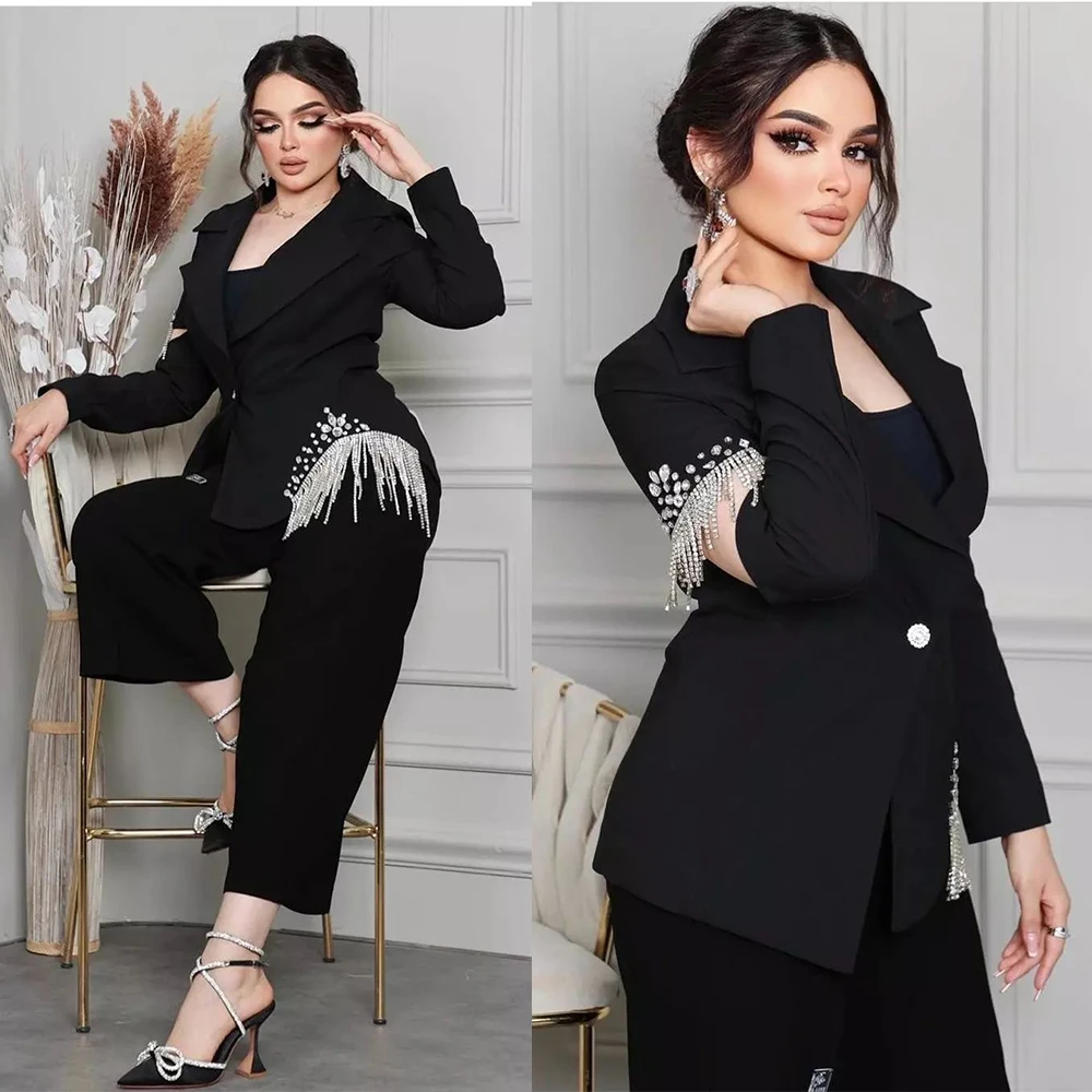 

Vintage Tassel Women 2 Pieces Power Pants Jacket Peaked Lapel Beads Blazer One Button Plus Size Daily Dresses