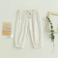 Cotton Linen Casual Baby Pants Toddler Boys Girls Casual Bottom Summer Autumn Solid Drawstring Button Children Pockets Trousers 2