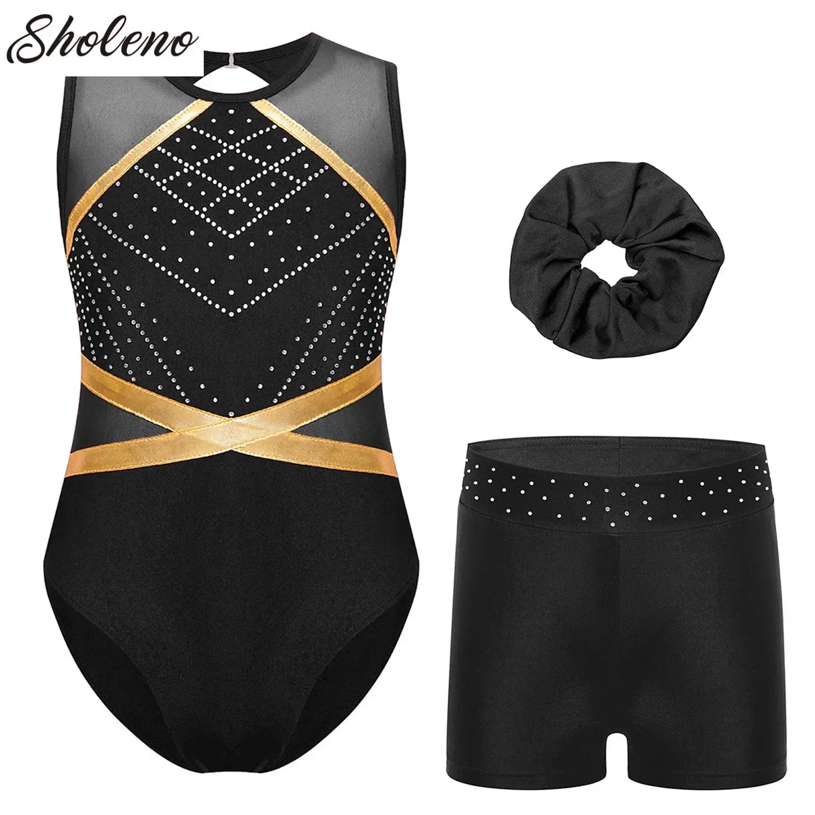 Ballet Leotard Dance Leotard Kids Girls Gymnastics Leotard Sleeveless Keyhole Back Dance Bodysuit Shorts Headwear for Figure Skating Dance Performance
