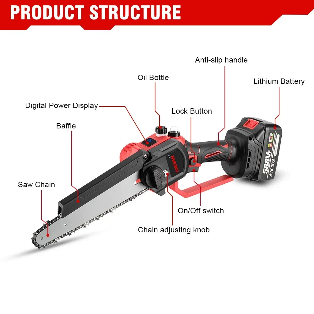 ONEVAN 8 Inch Brushless Chain Saw Cordless Pruning Electric Saw Woodworking Electric Saw Cutting Tool For Makita 18V Battery