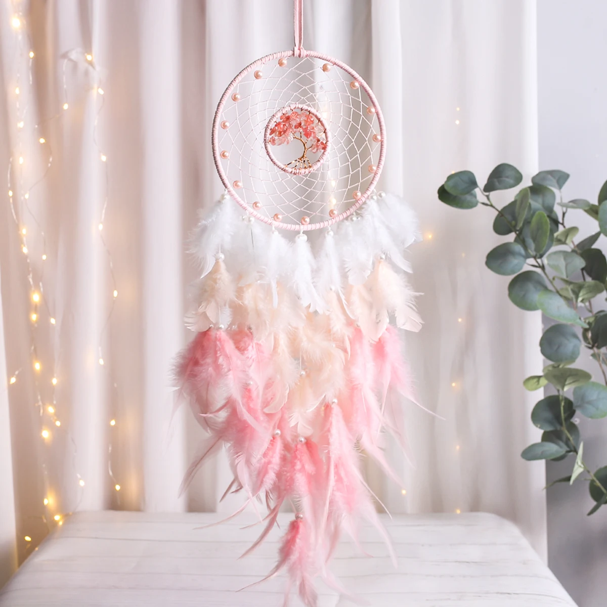 Pink Dream Catcher with Tree of Life Healing Crystal Stone Home  kawaii Room Decor Pink Teen room decoration Nursery Decor Gift