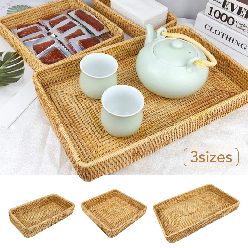 

Hand-Woven Storage Basket Rattan Storage Tray Wicker Baskets Bread Fruit Food Breakfast Snack Tray Organizer Kitchen Accessories