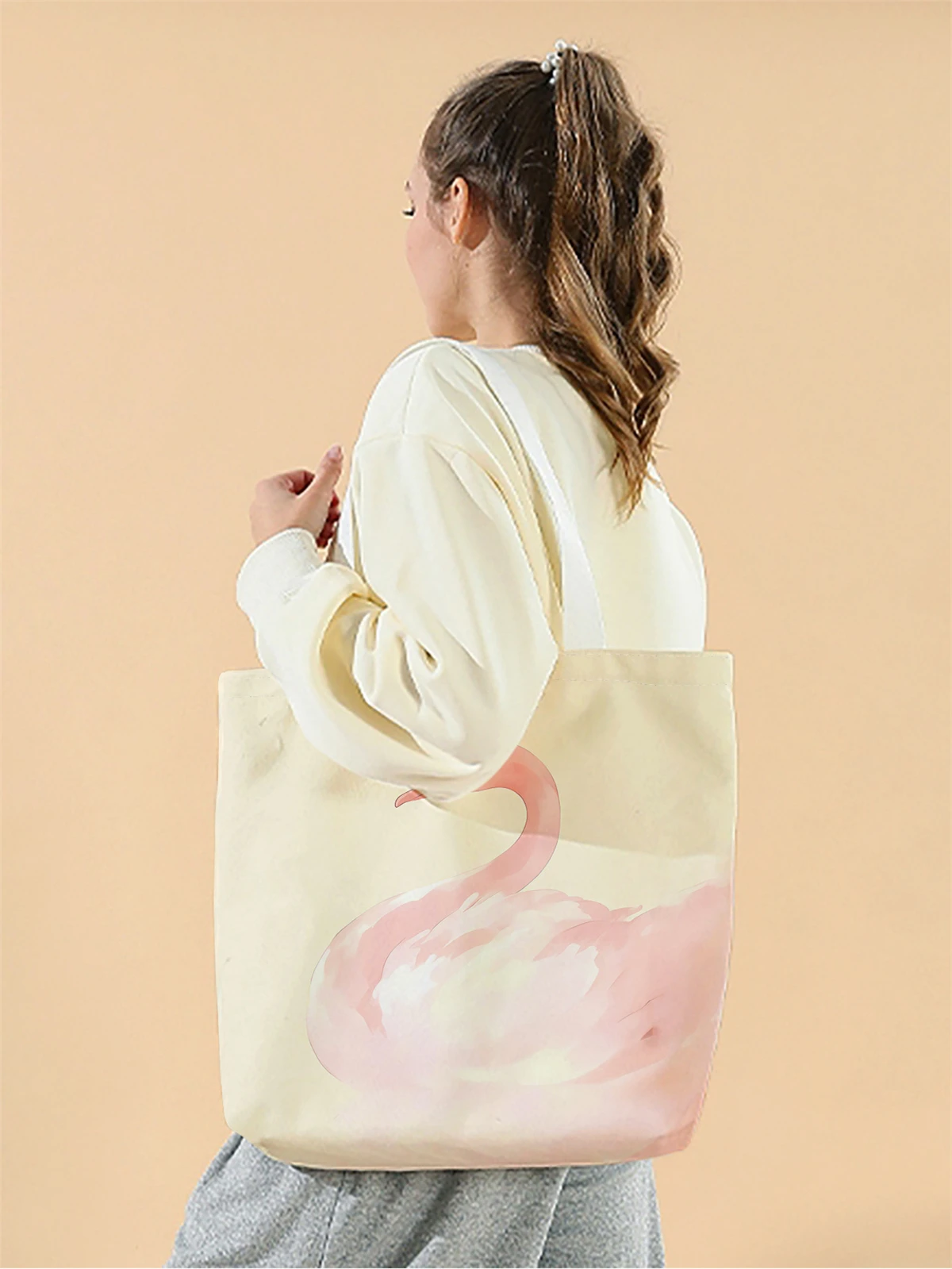 1pc,pink swan handbag, reusable fashionable handbag, multifunctional handbag, printed canvas shopping bag