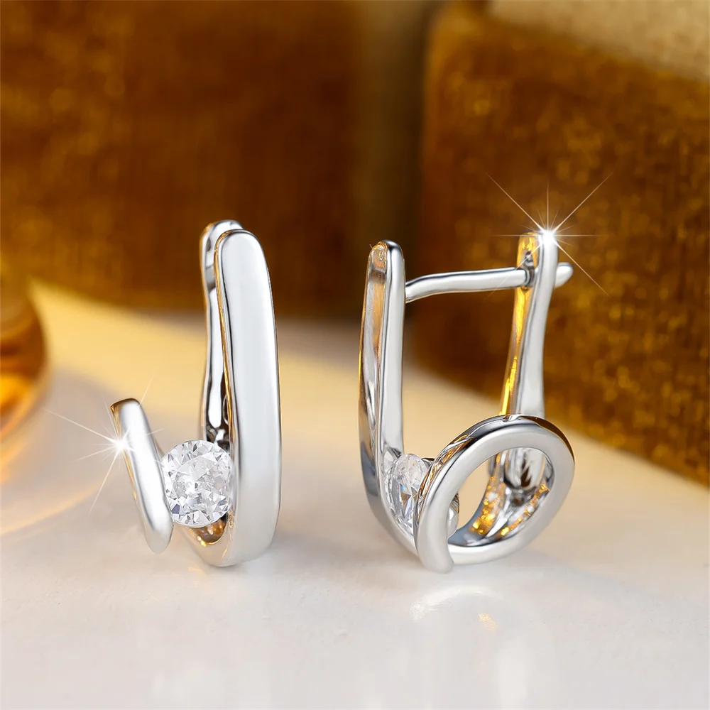 White Zircon Round Stone Geometric Hoop Earrings For Women Vintage Silver Color Ear Buckle Wedding Party Jewelry Engagement Gift