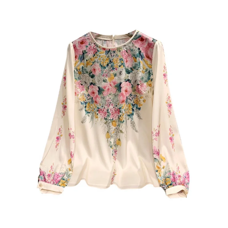 Chiffon Floral Women\'s Blouses Summer 2023 Printing Long Lantern Sleeves Shirts Loose Casual Korean O-Neck New Top YCMYUNYAN