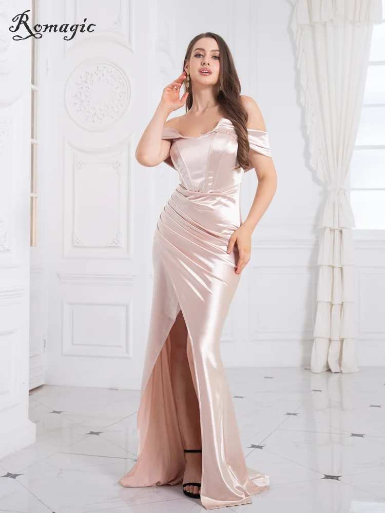 Romagic Fuchsia Off The Shoulder Strapless Bridesmaid Dress Padded Backless V Neck Pleated Satin Stretch Wedding Party Dresses