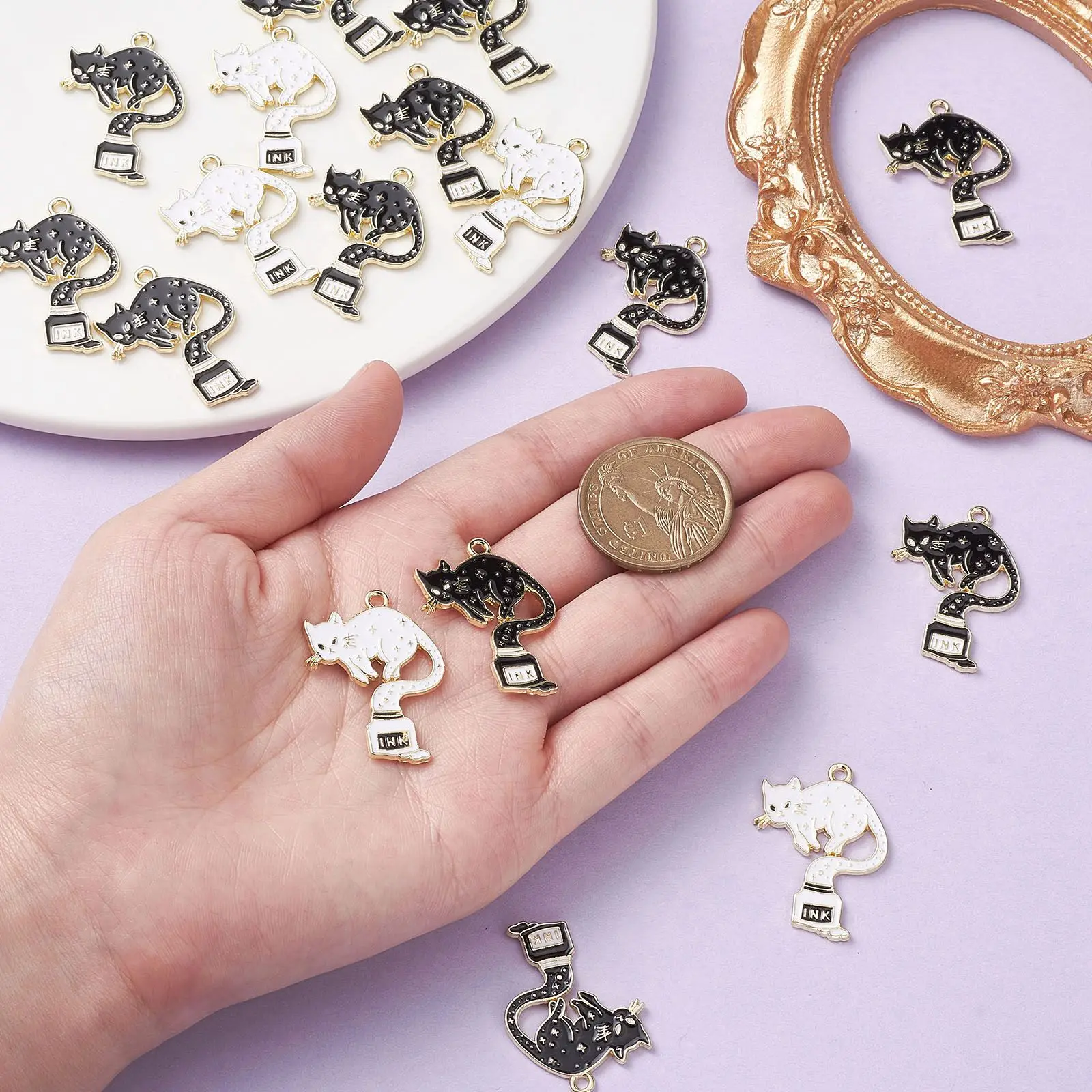 30Pcs 2 Colors Enamel Ink Cat Charms Black and White Cat Charms Lovely Pet Animal Pendants for Keychain Craft Jewelry Making